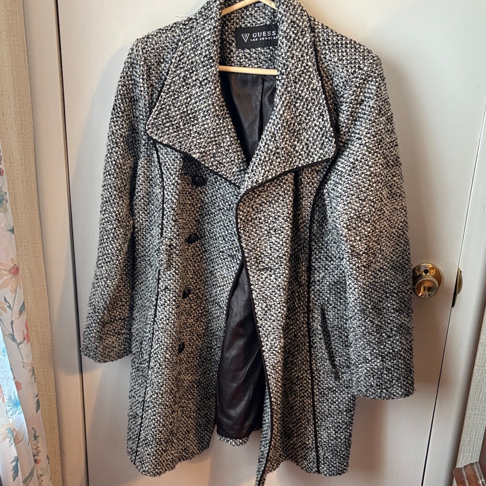 Guess Women's Textured Black and White Pea Coat